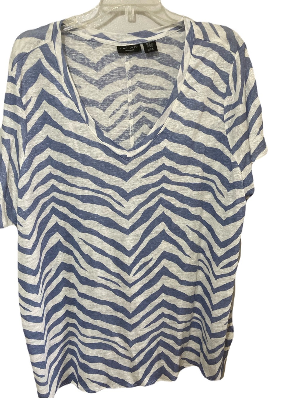 Tahari Blue & White V-Neck Zebra-Stripe Short Sleeve Top